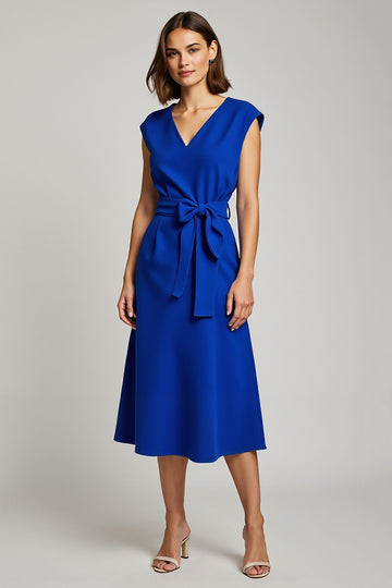 A Line Midi V-Neck Royal Blue Work Dress with Sash